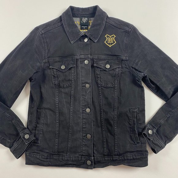 Harry Potter Hufflepuff Denim Jean Jacket Womens Large Black Cotton Stretch - Picture 2 of 14